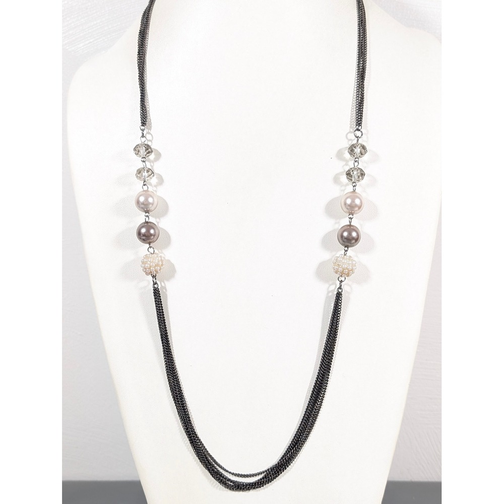 Roman Multi Strand Necklace Gray Chain Faux Pearl Beaded‎ 33 in